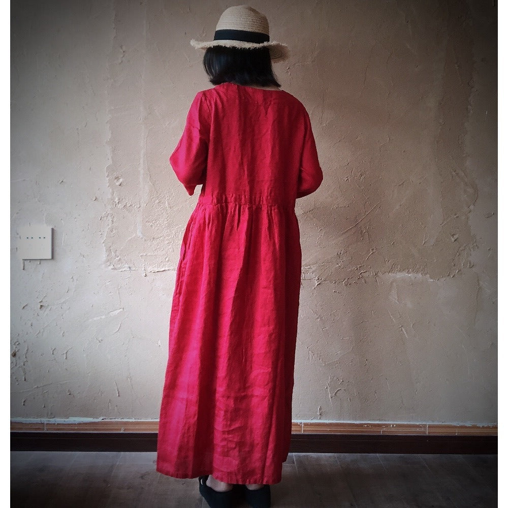 Summer Dark Blue V-Neck Linen Maxi Dress with Long Sleeves