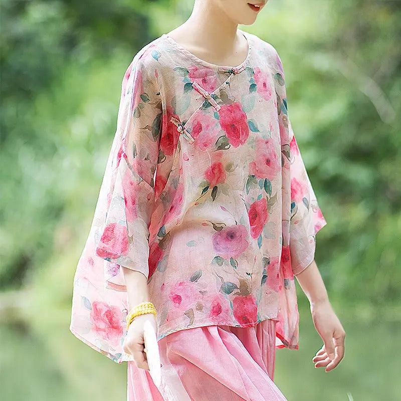 summer tops 3 4 sleeve tops for women linen top-Women's Shirt-Thebesttailor-Thebesttailor