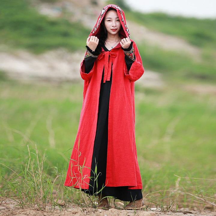 Winter Cotton And Linen Embroidered Chinese hooded cape coat