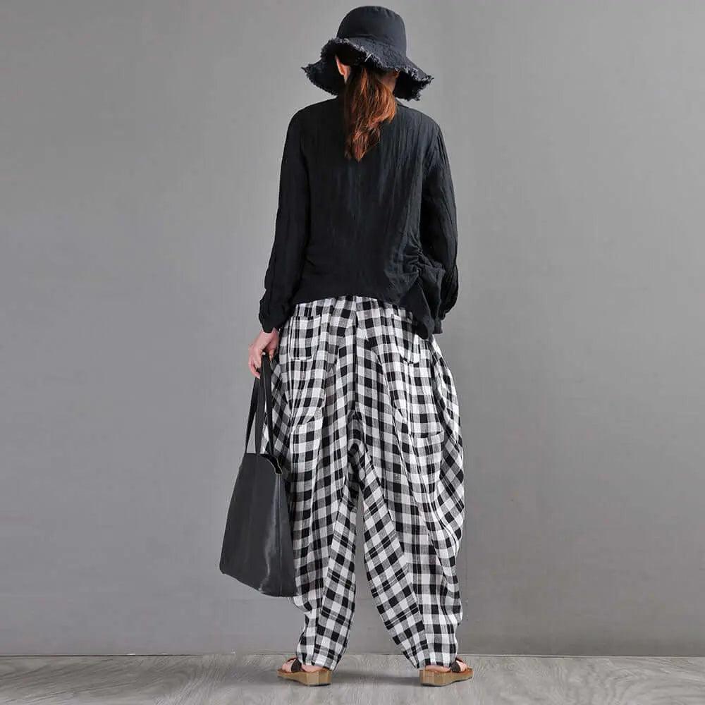 Bohemian Black and White Checkered Linen Bloomers for Women-Women's pants-Thebesttailor-Thebesttailor