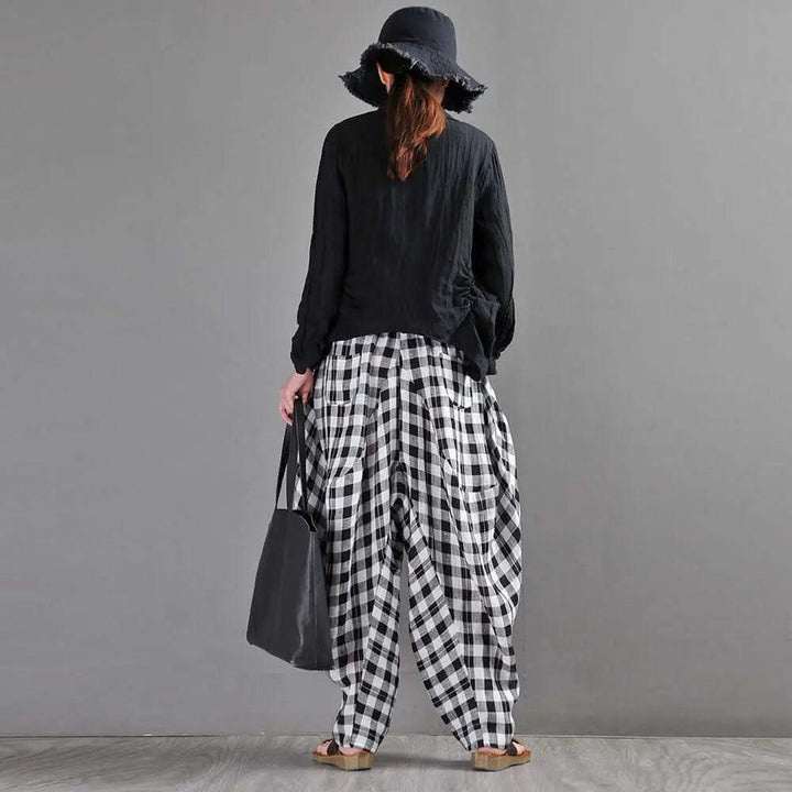 Bohemian Black and White Checkered Linen Bloomers for Women-Women's pants-Thebesttailor-Thebesttailor