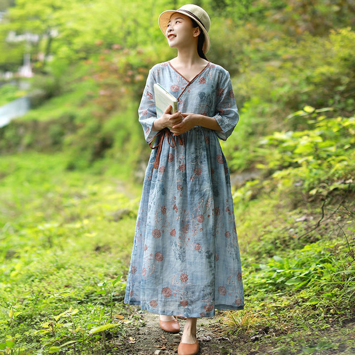 Linen Floral Drape Midi Dress With Half Sleeves Women