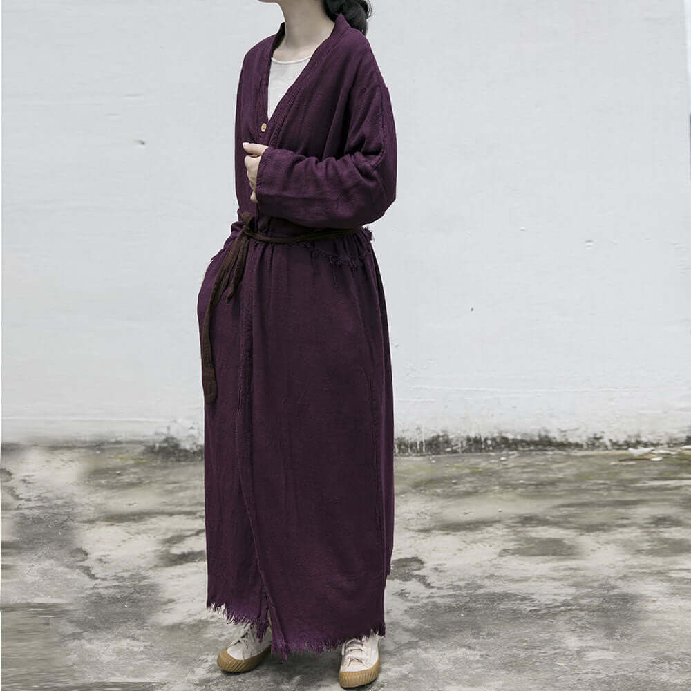 Women's Autumn grape purple Linen Long Cardigan Coat Belted