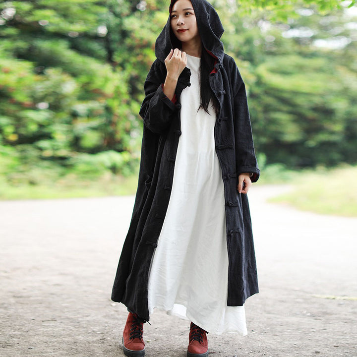 Black Linen Cotton Cardigan Hooded Long Coat For Women