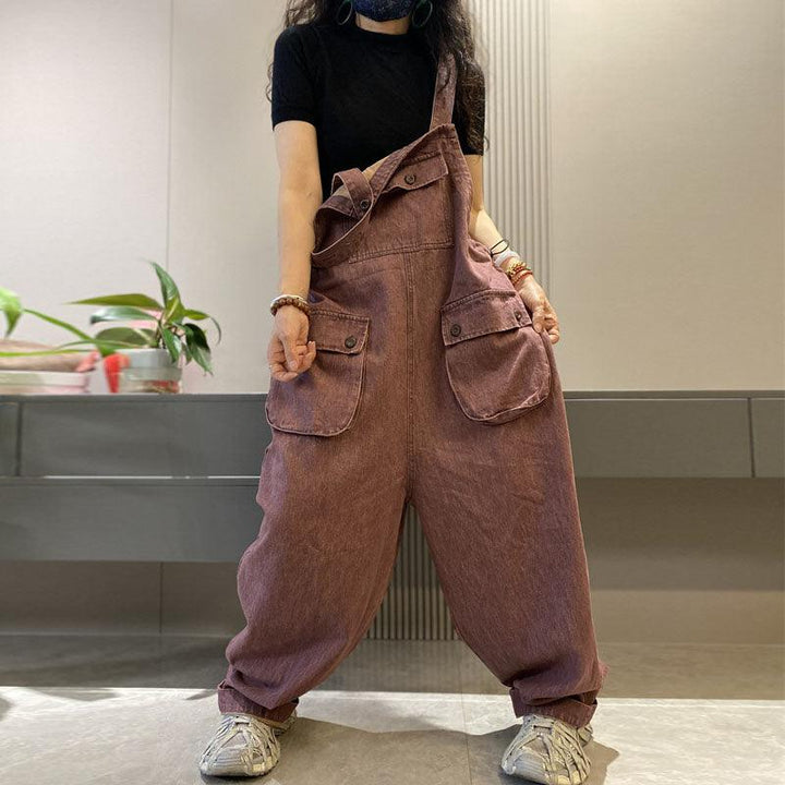 Denim overalls for women retro large pocket overalls-Women's pants-Thebesttailor-One size-Brown-Denim-Thebesttailor