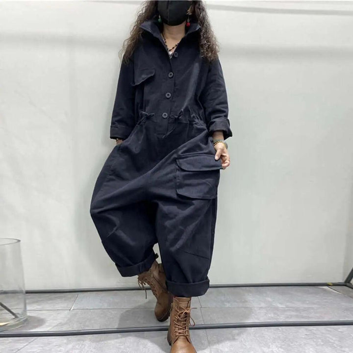 Denim Jumpsuit with Sleeves and Pockets for Women-Women's pants-Thebesttailor-One size-Black-Denim-Thebesttailor