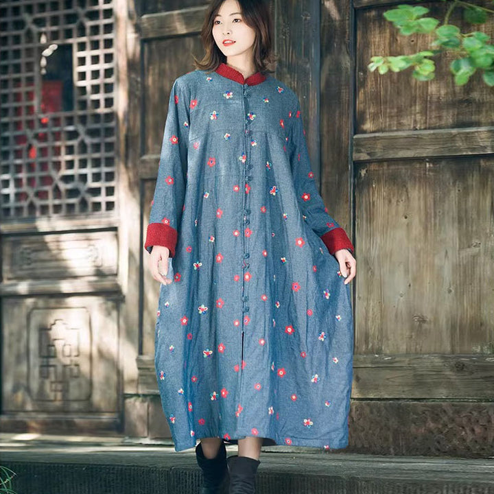 Winter Blue Cotton Floral Long Fleece-Lined Coat for Women