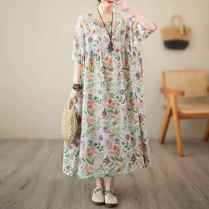 Women's Summer Dress Flowery Green Linen A-Line Dress-Women's dress-Thebesttailor-Thebesttailor
