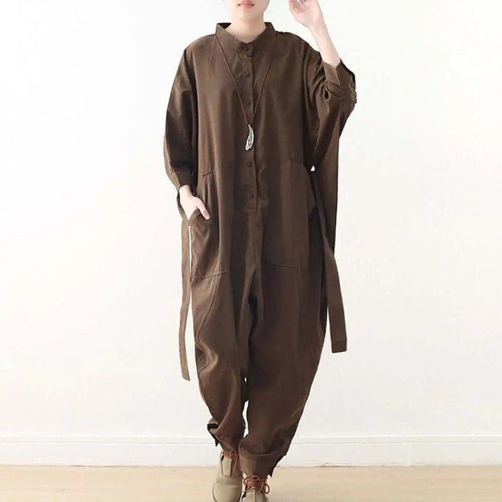 Women's Stylish Wrap Jumpsuit with Three Quarter Sleeves and Drop Crotch Style-Women's pants-Thebesttailor-One size-Brown-Polyester-Thebesttailor