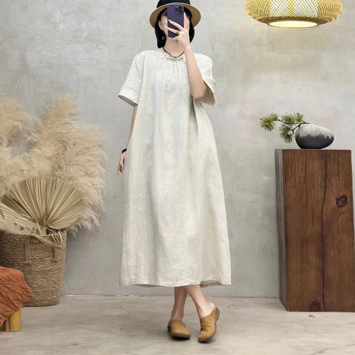Linen Midi Wrap Dress With Sleeves And Pockets