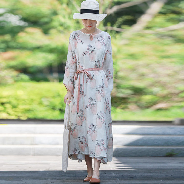 Linen Tie Drape Floral Dress With Pockets Long Sleeve