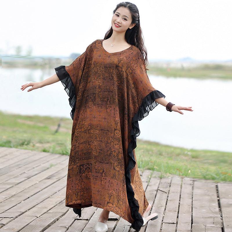 Retro Brown Cotton Bat Sleeve Maxi Dress for Women-Women's dress-Thebesttailor-Thebesttailor