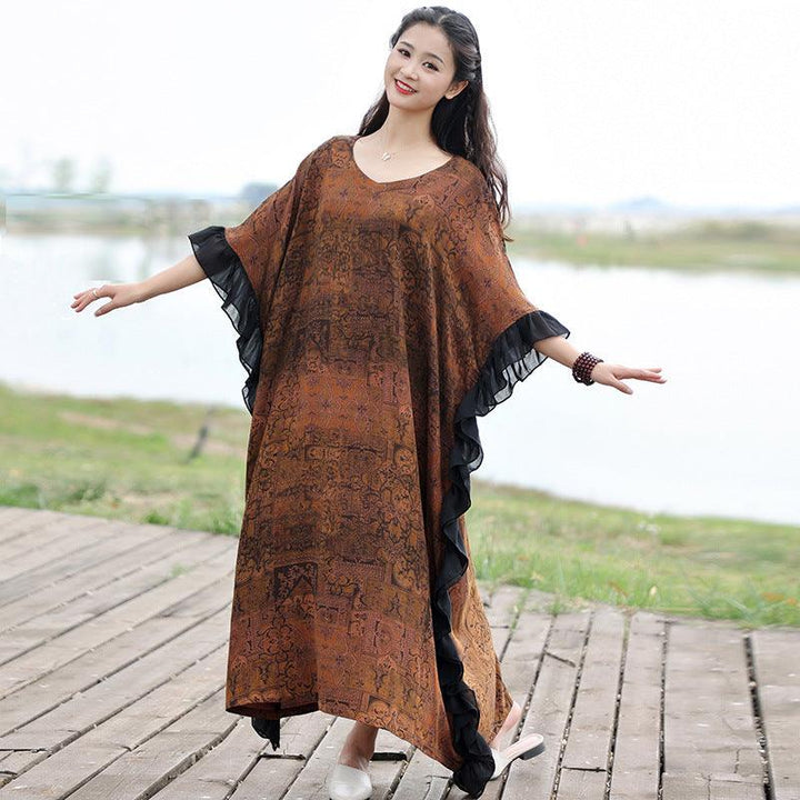 Retro Brown Cotton Bat Sleeve Maxi Dress for Women-Women's dress-Thebesttailor-Thebesttailor