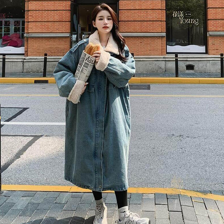 Rabbit Fur Collar Stylish Winter Parka Denim Coat for Women