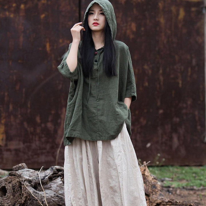 Hooded Vintage Green Linen and Ramie Sun Shirt for Women-Women's Shirt-Thebesttailor-Thebesttailor