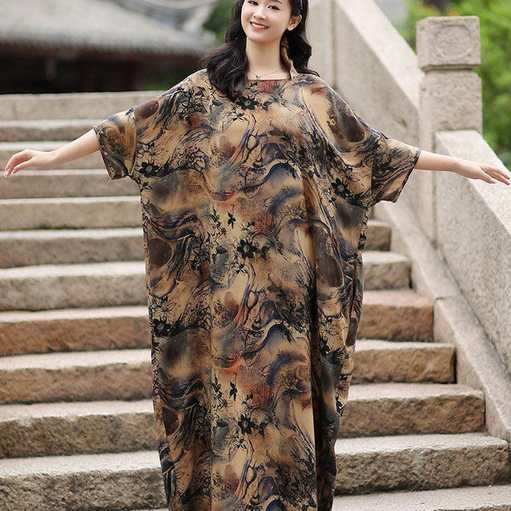 Retro Floral Cotton Half-Sleeved Maxi Dress for Women-Women's dress-Thebesttailor-One size-Brown-Cotton-Thebesttailor