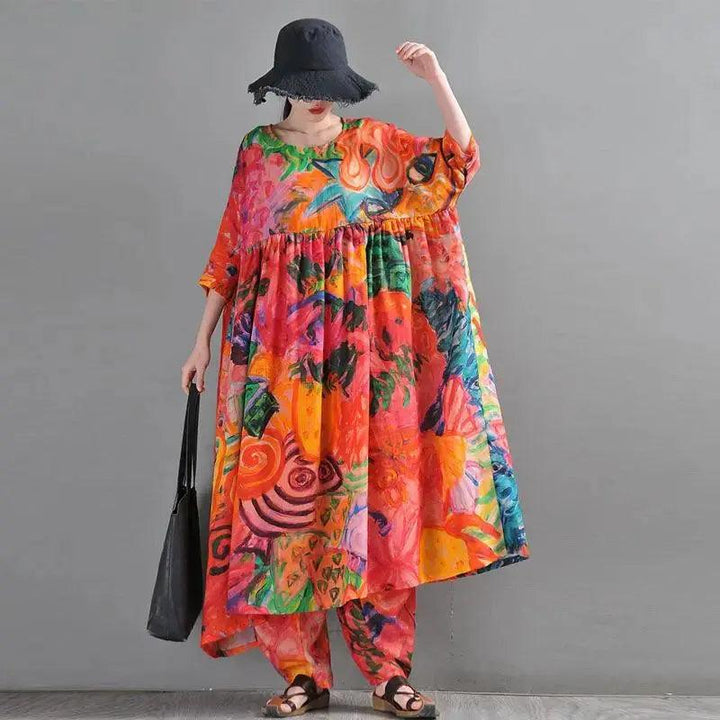 Graffiti Duck Printed Linen Maxi Dress with half sleeves-Women's dress-Thebesttailor-One size-Red-Linen-Thebesttailor