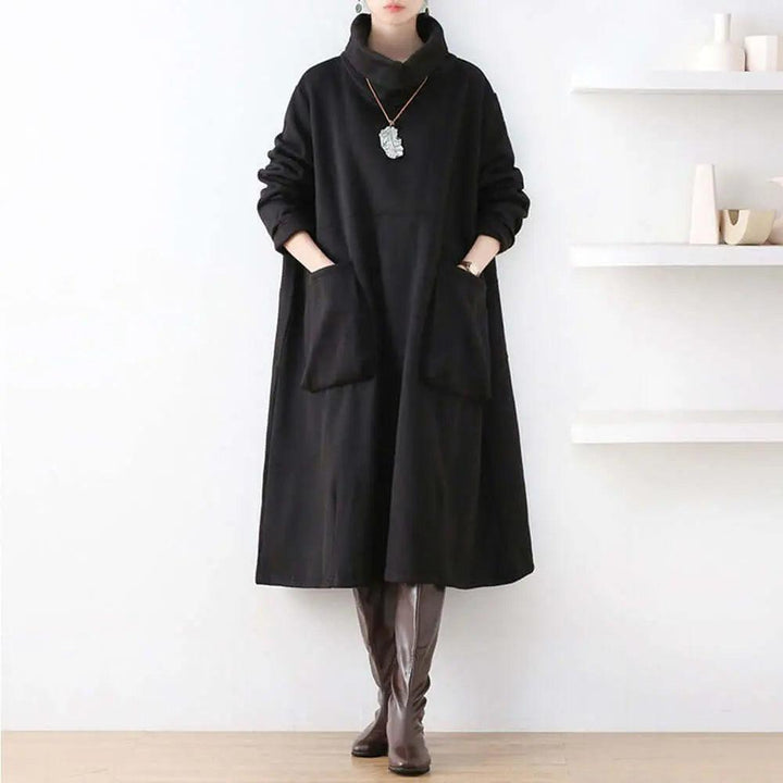 Chic Black Turtleneck A-line Dress with Pockets for Women-Women's dress-Thebesttailor-One size-Black-Cotton-Thebesttailor