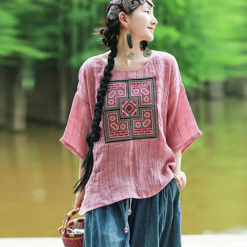 Pink Women's Tops Linen Embroidered Blouse with Totem Pattern-Women's Shirt-Thebesttailor-Thebesttailor