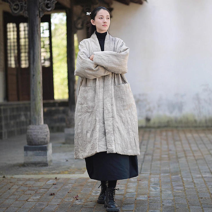 Ladies’ Retro Tie-Dye Quilted Ramie Coat with Long Sleeves-Women's coat-Thebesttailor-One size-linen color-Ramie-Thebesttailor