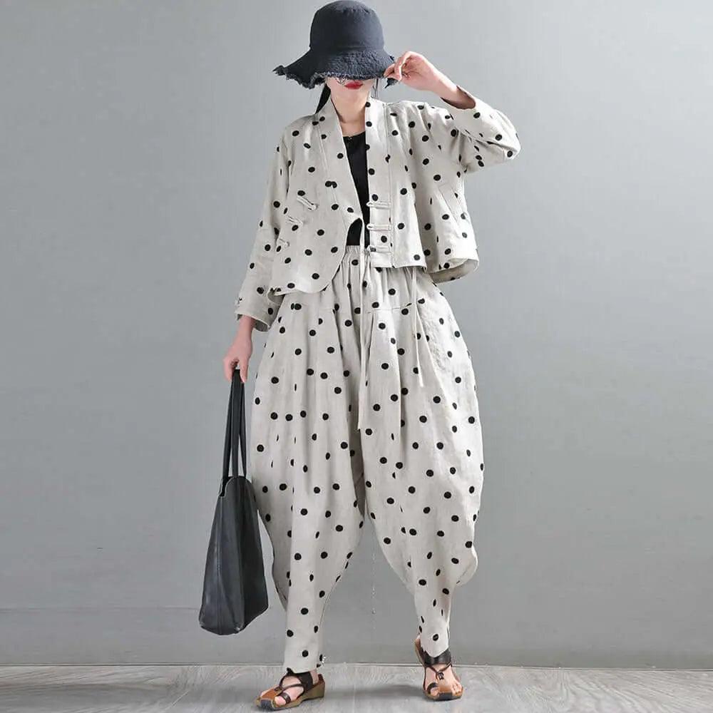 Autumn Retro Linen Polka Dot Suit with Bloomer Pants-Women's Shirt-Thebesttailor-One size-Linen Color-Linen-Thebesttailor