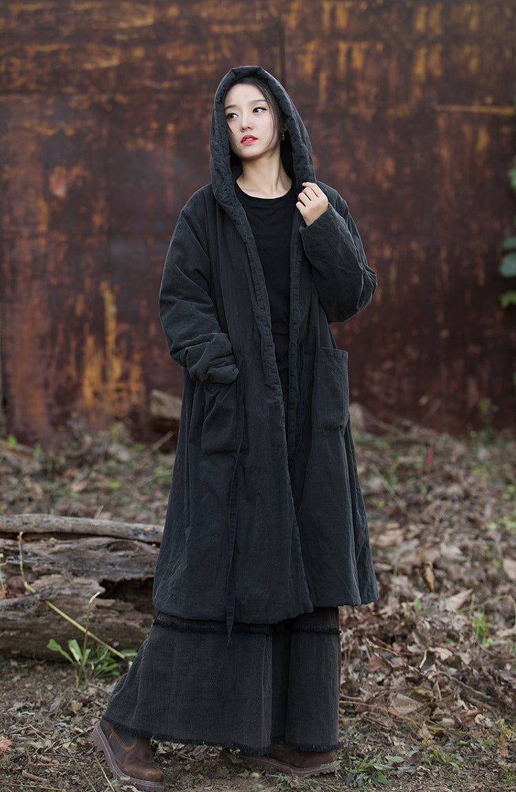 black quilted transitional women's coat maxi coat with hood