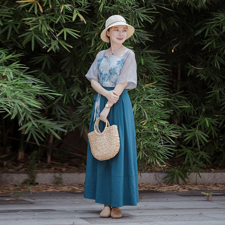Chinese Linen Patchwork Floral Lace Up High Waist Maxi Dress