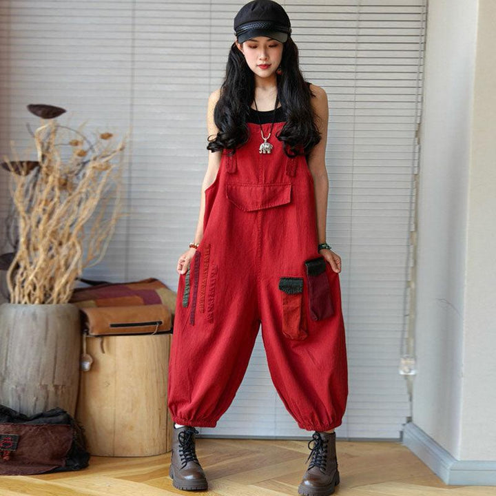 red Denim Retro Drop Crotch Overalls-Women's pants-Thebesttailor-One size-Red-Cotton-Thebesttailor