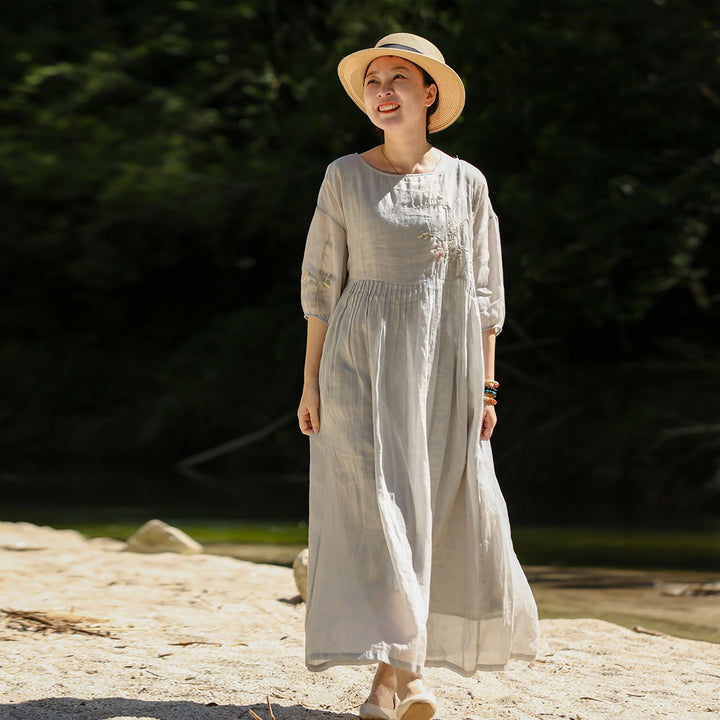 Linen Embroidery Round Neck High Waisted Summer Dresses