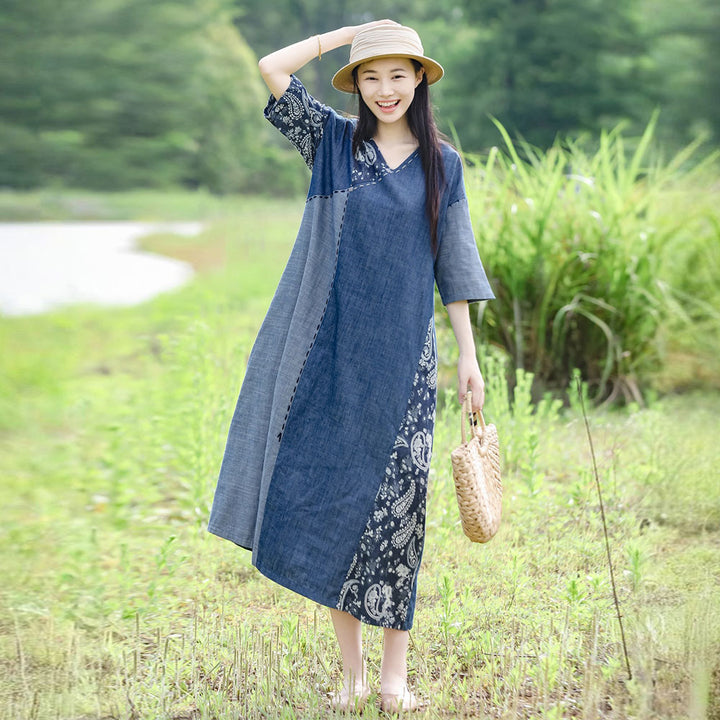 Blue Cotton Patchwork V Neck Maxi Dress For Women Casual