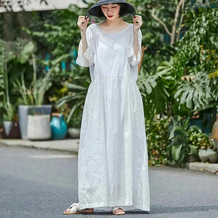 White Linen Summer Dress for Women with 3/4 Sleeves-Women's dress-Thebesttailor-One size-White-Linen-Thebesttailor