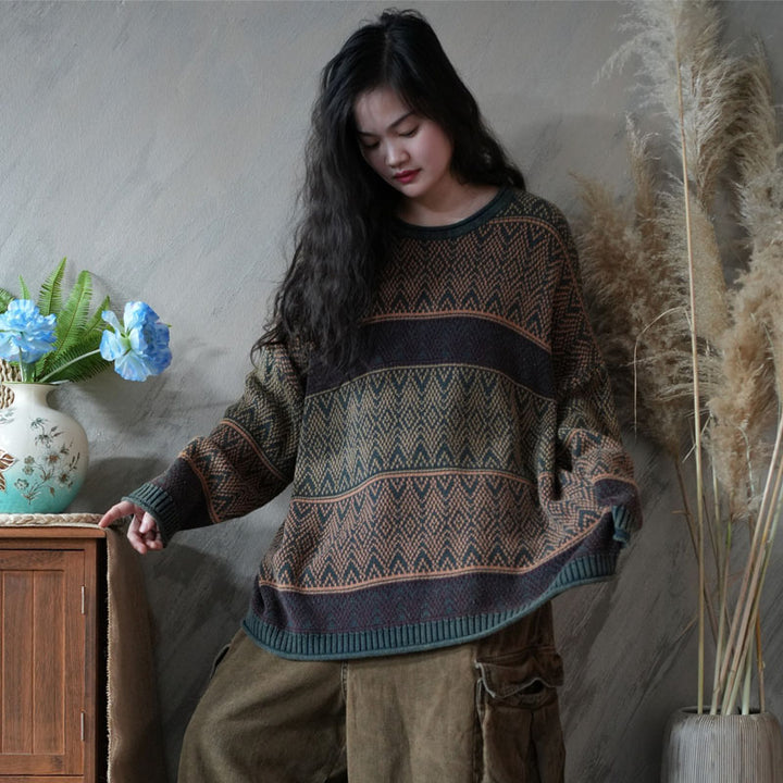 Cotton Oversized Striped Knitted Sweater for Women
