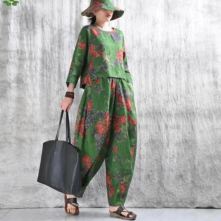 Linen Shirt for Women Green Floral Linen Shirt and Bloomers-Women's Shirt-Thebesttailor-M-Green-Linen-Thebesttailor