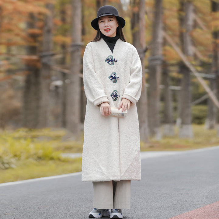 Chinese Lambswool Long Overcoat Cardigan in Beige and Red