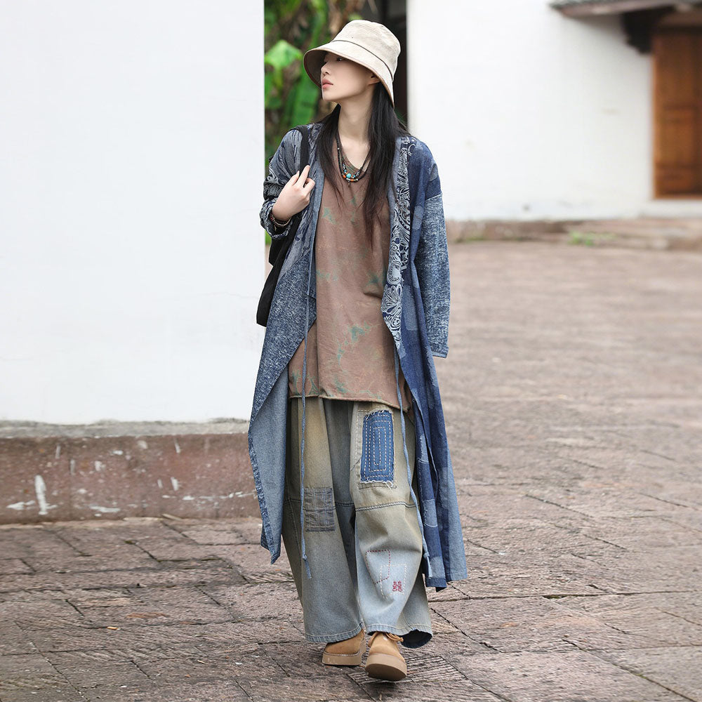 Autumn Indigo Dye Denim Cardigan With Printed Oversized by Thebesttailor