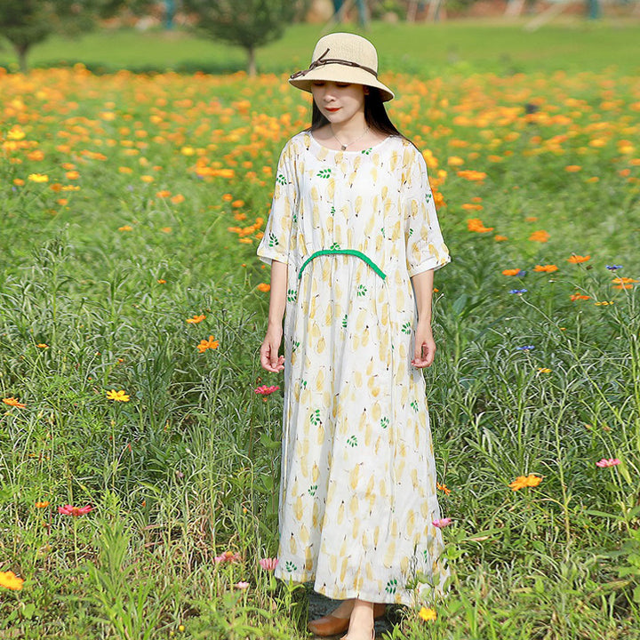 Linen Floral Print Round Neck Oversized Maxi Dresses Women