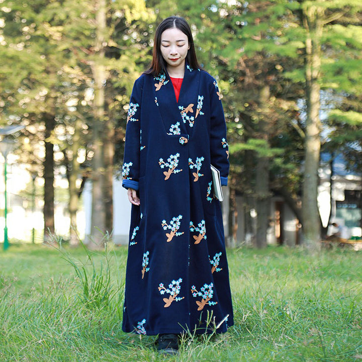 Womens Chinese Retro Floral Long Wool Coat Cardigan Style