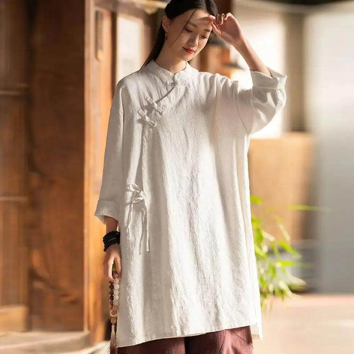 Shirt dress for women Linen Vintage top and Robe Dress-Women's dress-Thebesttailor-One size-White-Linen-Thebesttailor