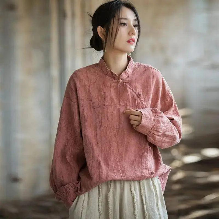 Handmade Retro Tie-Dye Cotton and Linen Sun Shirt for Women-Women's Shirt-Thebesttailor-One size-Pink-Thebesttailor