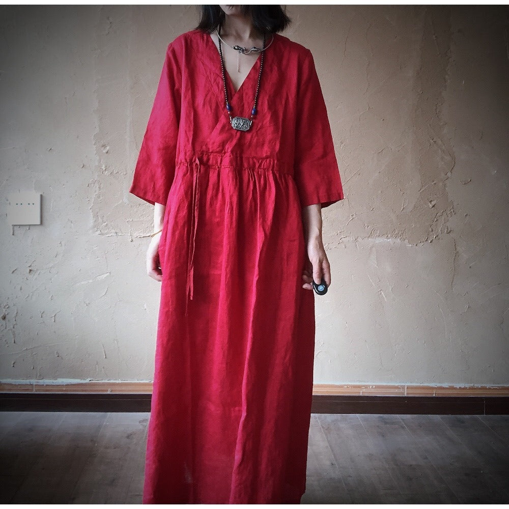 Summer Dark Blue V-Neck Linen Maxi Dress with Long Sleeves