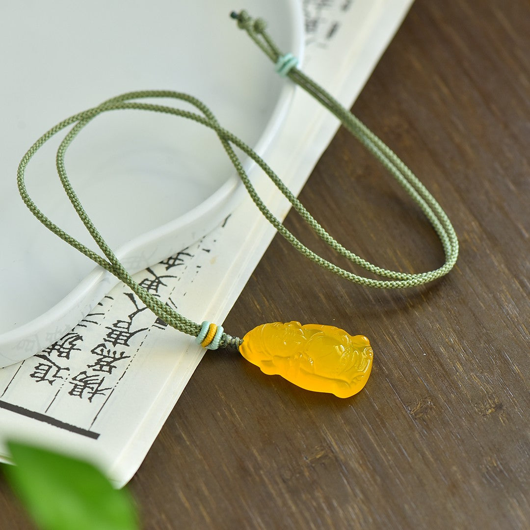 Yellow Chalcedony Fortune Pendant Necklace Amulet for Women