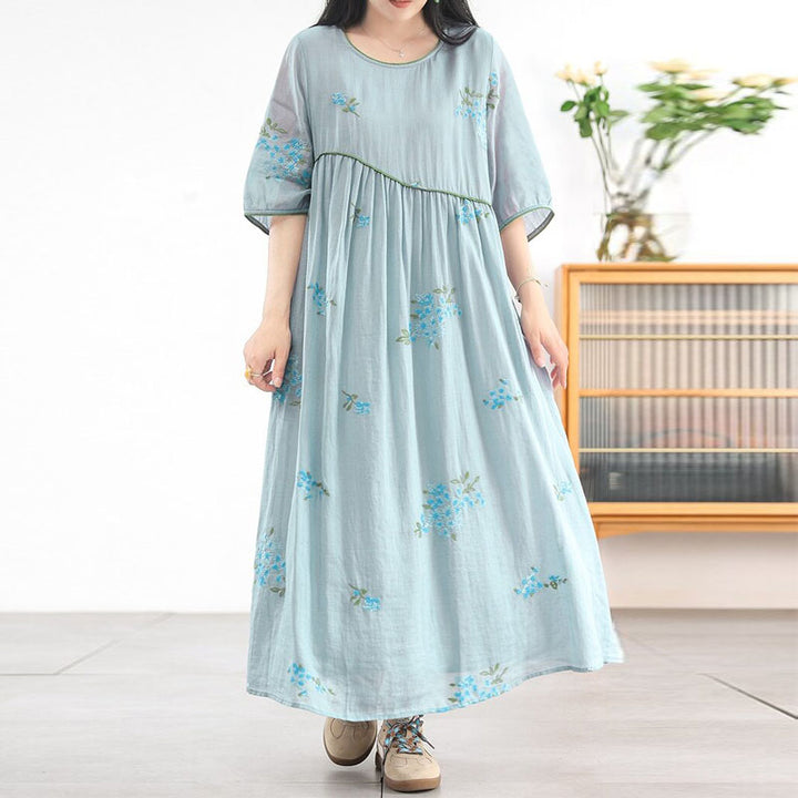 Summer Casual Ramie A-Line Half Sleeve Embroidery Oversized Dress