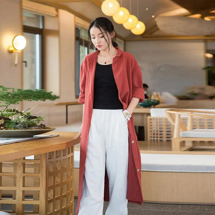 100 linen shirts womens long sleeves blouse womens long sleeve tops-Women's Shirt-Thebesttailor-One size-Red-Linen-Thebesttailor