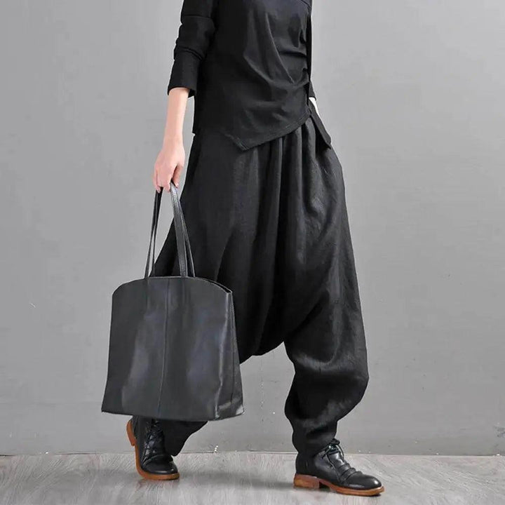 Summer Linen Pants Drop Crotch Baggy Harem Pants for Stylish Women-Women's pants-Thebesttailor-One size-Black-Linen-Thebesttailor