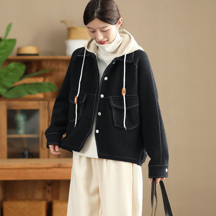 Casual short winter wool jacket with hood