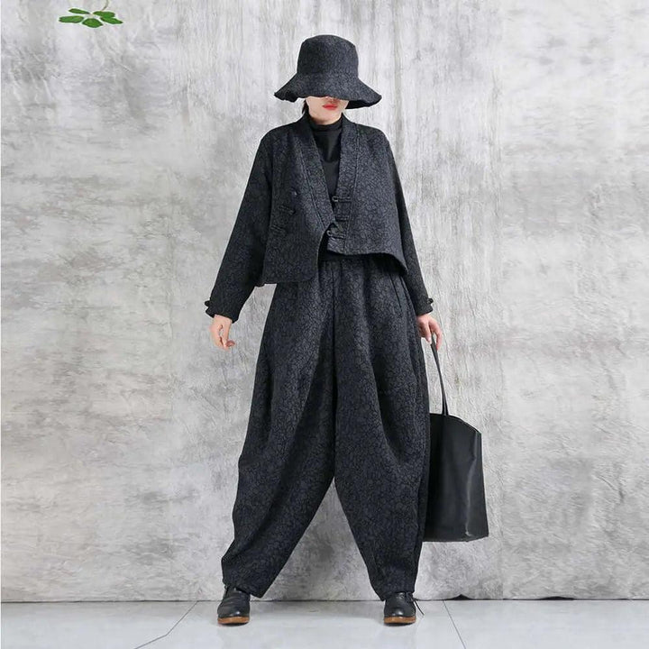 Cotton retro top + harem pants - fashionable short jacket - bohemian pants-Women's coat-Thebesttailor-One size-Black-Cotton-Thebesttailor