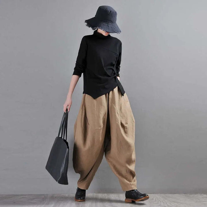 Bohemian Black Linen Harem Pants for Women-Women's pants-Thebesttailor-Thebesttailor