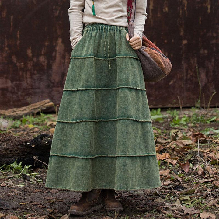 Retro Long Wool A-line Maxi Skirt with Pockets for Women-Women's Skirts-Thebesttailor-One size-Green-Ramie-Thebesttailor