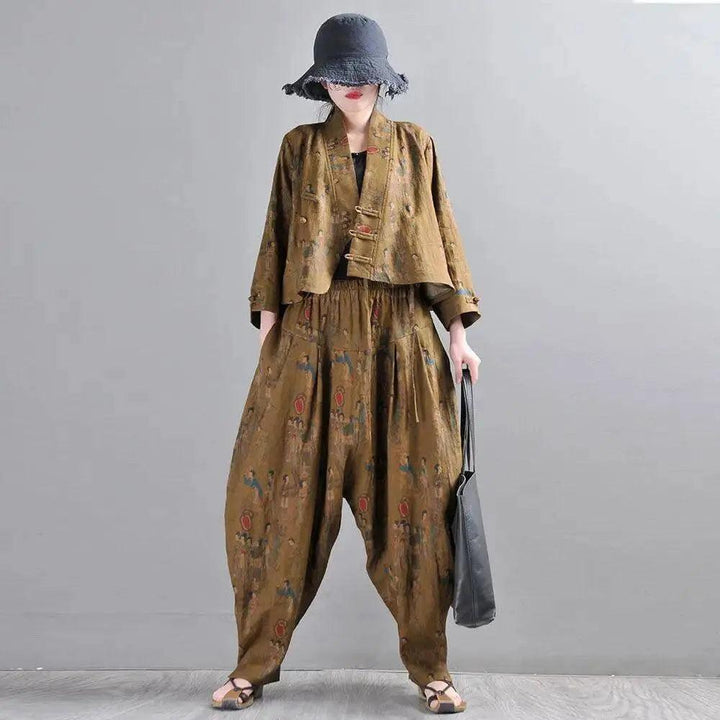 Women Harem Pants Earthy Yellow Linen Harem Pants and Short Jacket Suit-Women's coat-Thebesttailor-One size-Earthy yellow-Linen-Thebesttailor