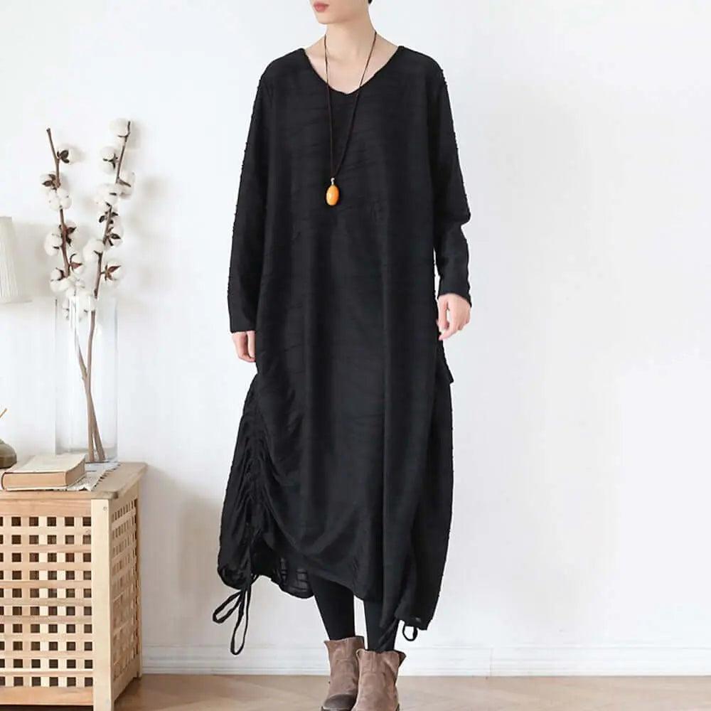Elegant Black Cotton Dress with Asymmetrical Hem for Women-Women's dress-Thebesttailor-One size-Black-Cotton-Thebesttailor